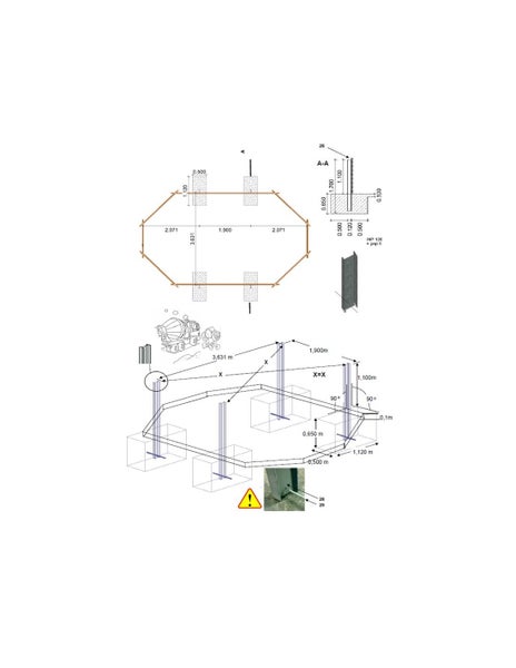 Technische Zeichnung einer Fundamentkonstruktion mit Maßangaben