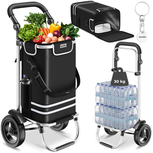 tectake Einkaufsroller mit abnehmbarer Kühltasche, Aluminiumrahmen, 30 Kilogramm Tragkraft und tectake Logo.