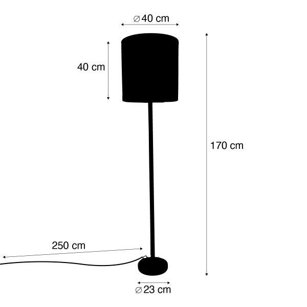 Maßzeichnung einer Stehleuchte mit Lampenschirm, Gesamthöhe 170 Zentimeter, Schirmdurchmesser 40 Zentimeter, Kabellänge 250 Zentimeter.