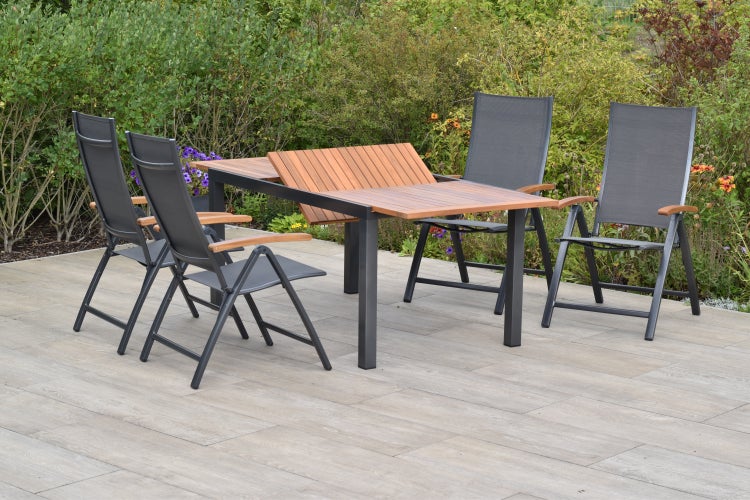 Toblino Gartenmöbelset 5tlg., 4 Klappsessel, 1 Ausziehtisch 150 (200) x 90 cm, Aluminium/Textil/Akazie