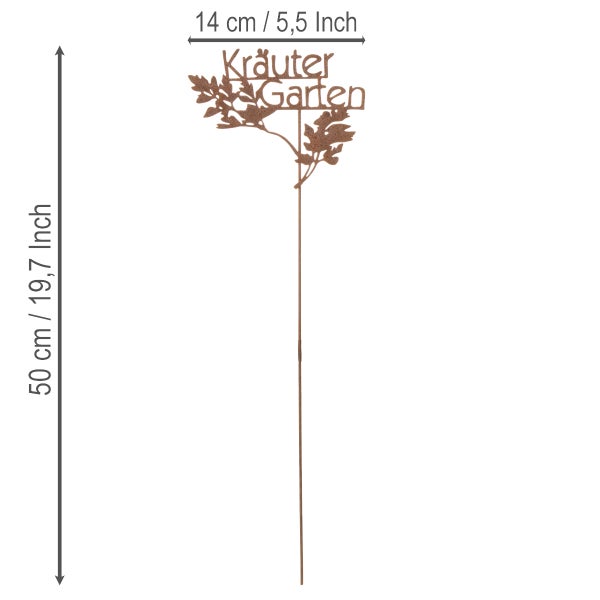 Gartenstecker Kräutergarten aus Metall in Rostoptik mit einer Höhe von 50 Zentimetern und einer Breite von 14 Zentimetern.