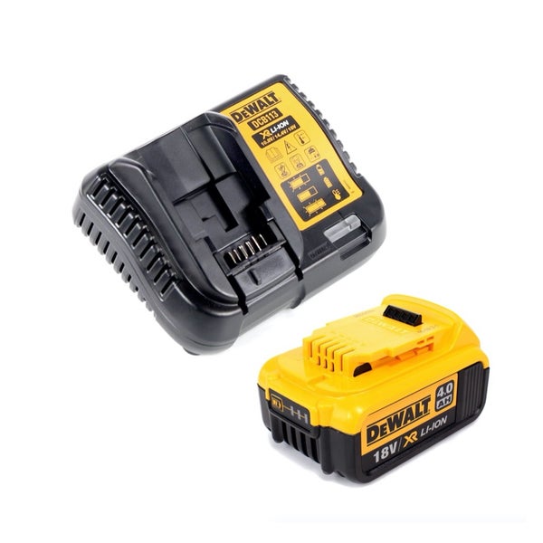 DeWalt Akku-Ladegerät DCB113 und DeWalt 18 Volt XR Lithium-Ionen-Akku mit 4,0 Amperestunden.