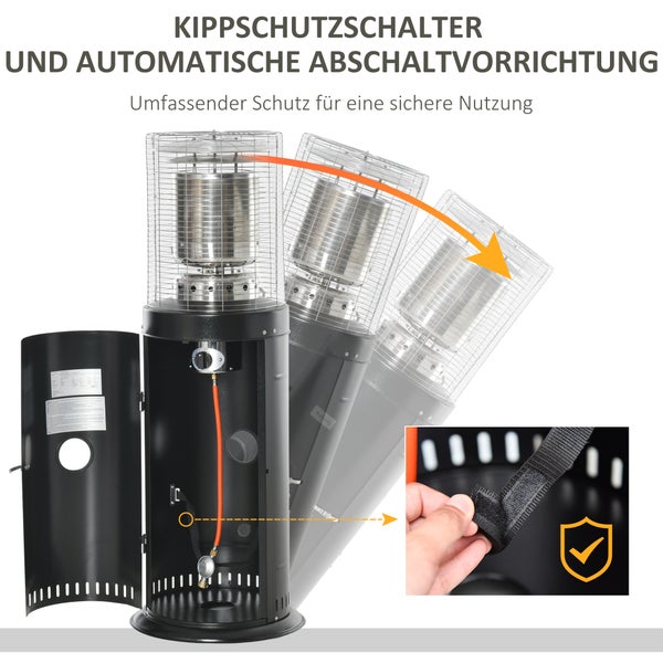 Detailansicht eines Terrassenheizers mit Rädern, Griff und praktischer Tür zum Tankfach