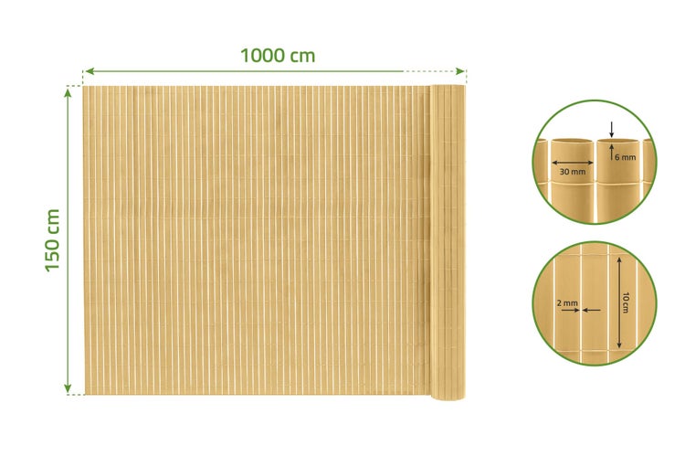 Bambus Sichtschutzmatte für den Garten mit 150 mal 1000 Zentimeter, inklusive Maßangaben zu Rohrdurchmesser und Abständen.