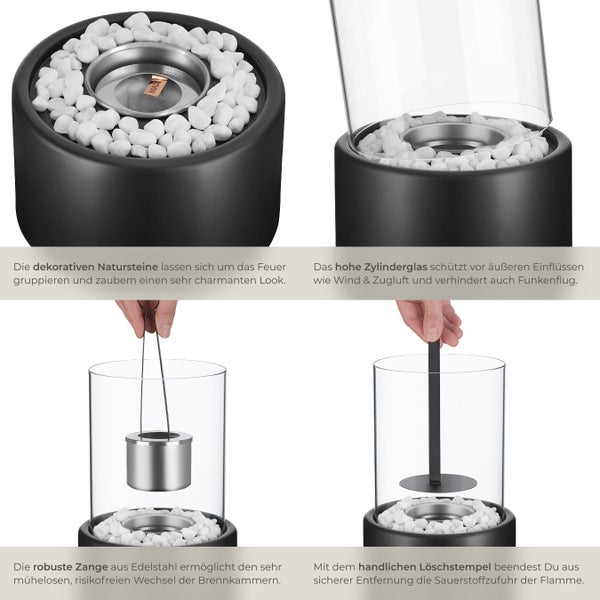 Tischkamin mit Zylinderglas, Zange, Löschstempel und Dekosteinen