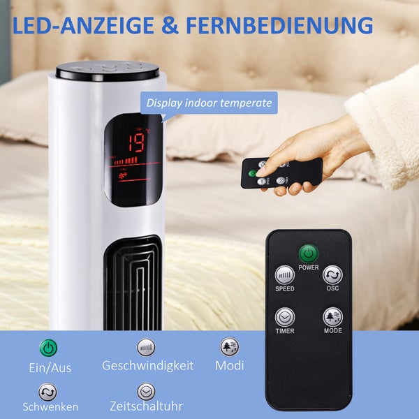 HOMCOM Turmventilator 70° oszillierender Standventilator mit fernbedienung 96 cm Säulenventilator 45 W 3 Modi ABS-Kunststoff Weiß+Schwarz