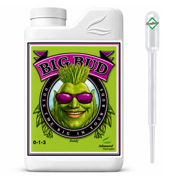 Advanced Nutrients Big Bud Pflanzendünger in einer Flasche mit Dosierpipette.