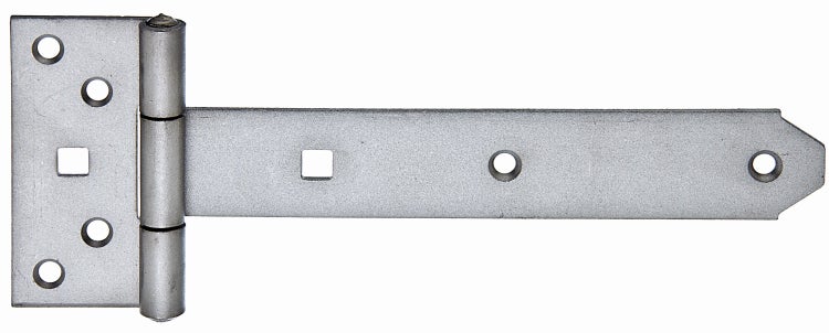 Ein verzinktes Ladenband für Tore und Türen mit Montageplatte und vorgebohrten Löchern zur Befestigung.