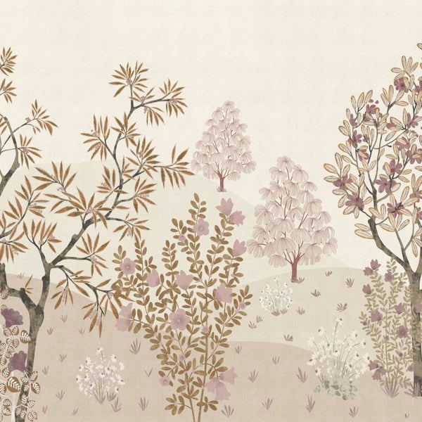 Illustration eines Gartens mit Bäumen und Blumen