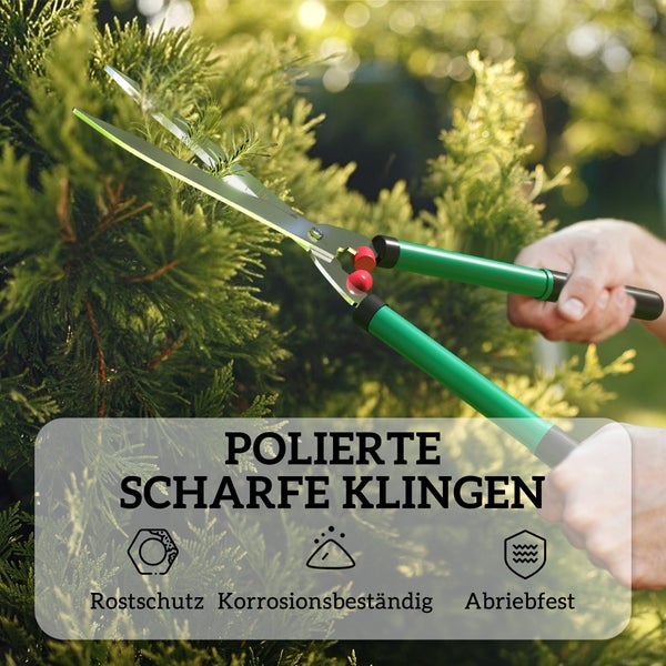 Heckenschere mit polierten, scharfen Klingen für den Gartenschnitt. Rostschutz, Korrosionsbeständigkeit und Abriebfestigkeit.