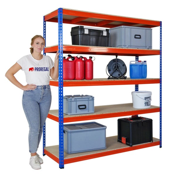 PROREGAL Profi Schwerlastregal Bison HxBxT 200 x 180 x 60 cm 5 Spanplatten-Ebenen 16mm Fachlast 600 kg Blau-Orange