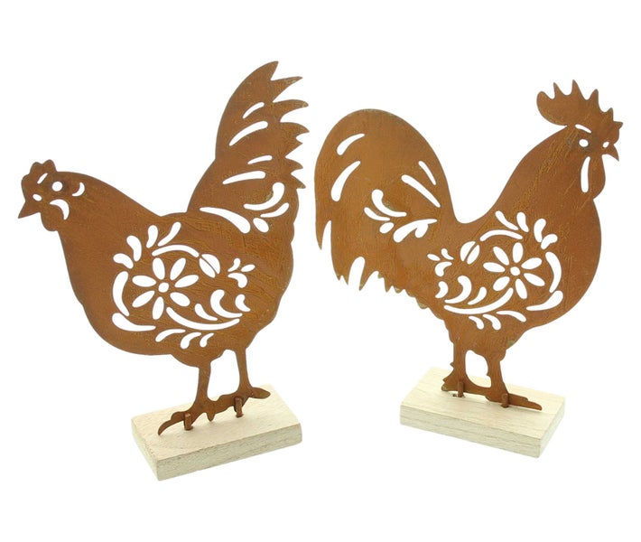 FRANK FLECHTWAREN | Figur Huhn & Hahn, 2er Set, METALL, HOLZ, 14,5 x 4,5 x 20 cm, 15,5 x 4,5 x 20 cm