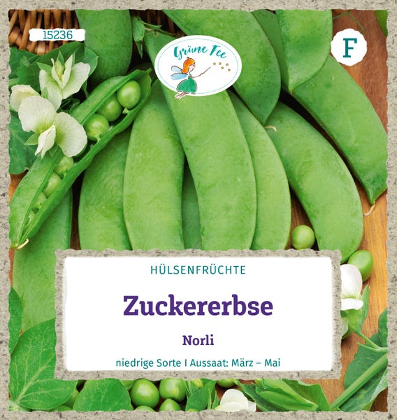 Samentüte für Zuckererbse Norli von Grüne Fee mit grünen Erbsenschoten und weißen Blüten. Grüne Fee Logo. Aussaat von März bis Mai.