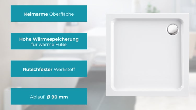 Calmwaters® - Modern Soft - Kleine Duschtasse aus Acryl-Kunststoff in 80 x 80 x 6,5 cm und 90 mm breitem Abfluss - 01SL2961