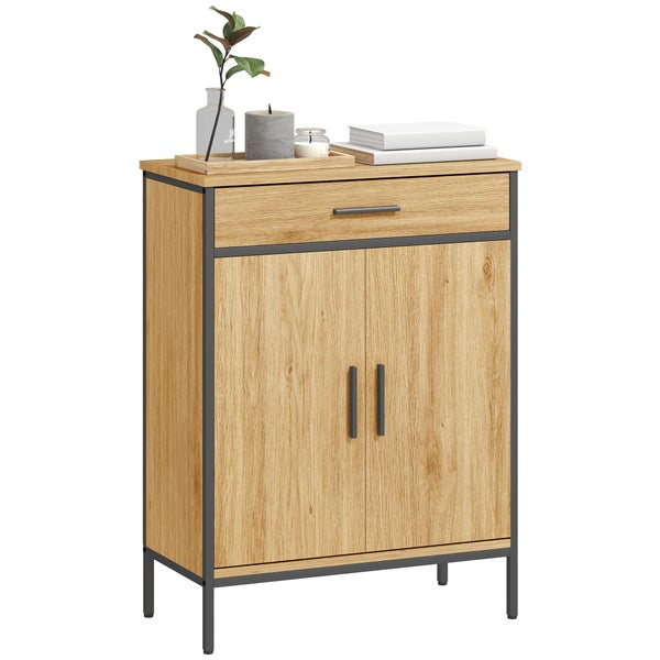 Sideboard in Eichenoptik mit schwarzem Metallrahmen, einer Schublade und zwei Türen im Industrial-Stil.