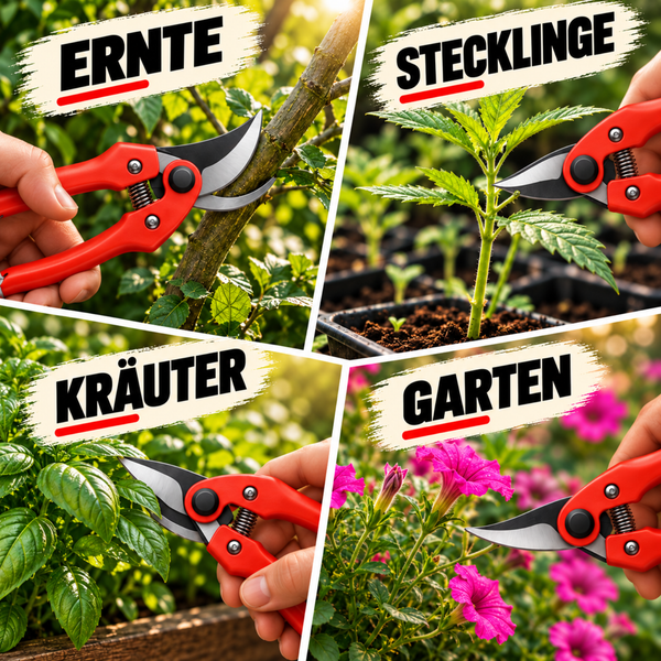 Gartenschere in Anwendung beim Schneiden von Pflanzen und Blumen im Garten, dargestellt in vier verschiedenen Szenarien mit Textmarkierungen.