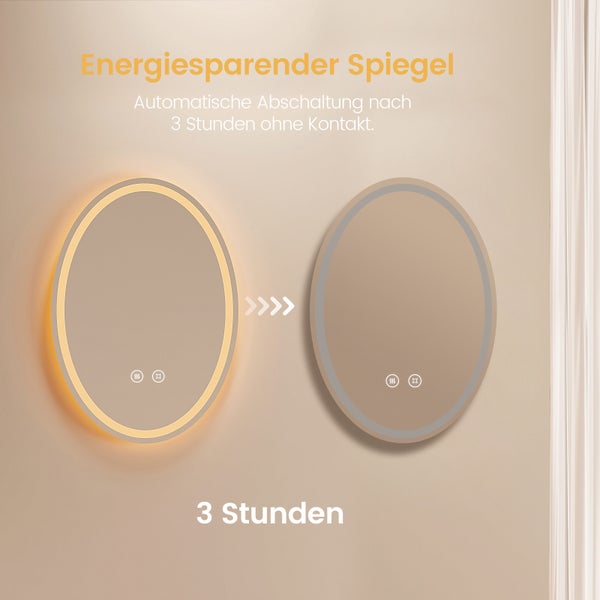 EMKE Badspiegel mit Beleuchtung 60x80 cm, Warmlicht/Neutrallicht/Kaltweiß, Anti-Beschlag-Funktion, Kupferfreier Rostschutz-Spiegel, Touchscreen-Steuerung,  IP44, Ovaler Wandspiegel