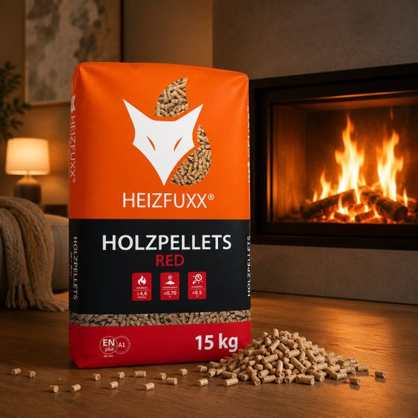 Heizfuxx Holzpellets Red 15 Kilogramm Sack vor einem brennenden Kamin