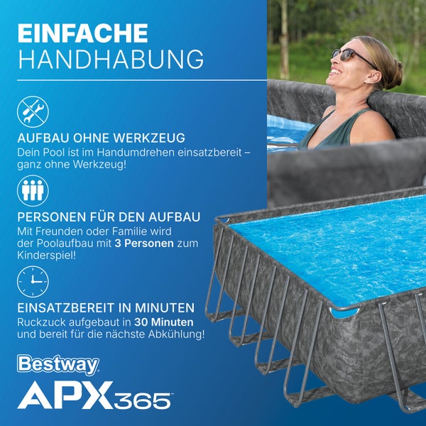 Bestway APX365 Rahmenpool in Steinoptik mit einfacher Handhabung. Aufbau ohne Werkzeug durch drei Personen in circa 30 Minuten. Bestway Logo.
