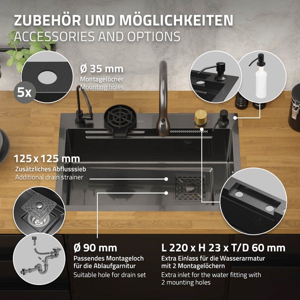 ML-Design Spülbecken Edelstahl 68x46 cm Anthrazit, Multifunktionale Küchenspüle rechteckig, Wasserfall Edelstahlspüle, Einbauspüle mit ausziehbarem Wasserhahn und anderem Zubehör, 1 Becken Waschbecken