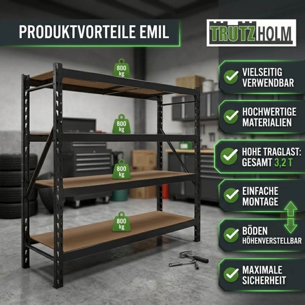 Trutzholm Logo. Schwerlastregal Emil, 800 Kilogramm Traglast pro Boden, gesamt 3,2 Tonnen. Vielseitig, einfach montierbar und höhenverstellbar.