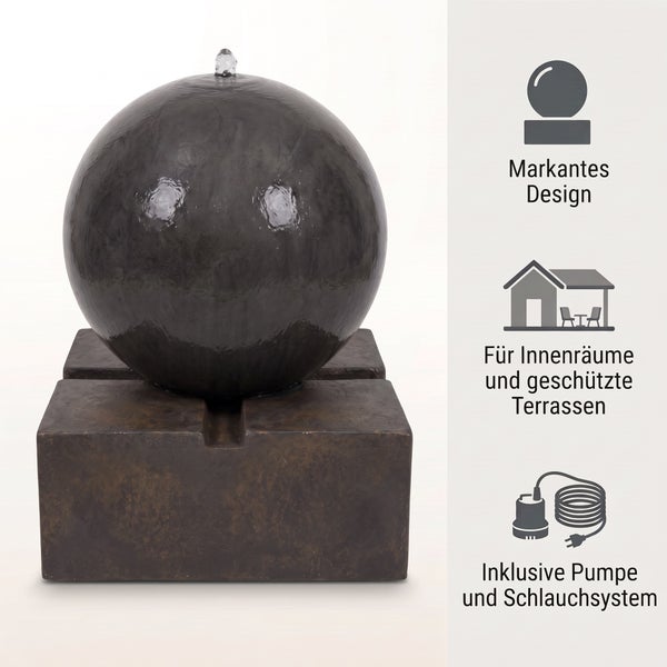 Zimmerbrunnen in Kugelform mit quadratischem Sockel inklusive Pumpe und Schlauchsystem für Innenräume und geschützte Außenbereiche