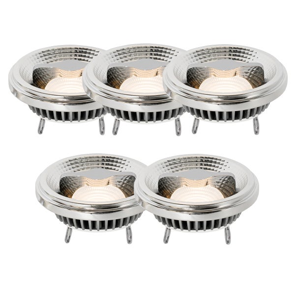 5er-Pack LED-Leuchtmittel AR111 mit G53-Sockel, Metallgehäuse mit Kühlrippen und facettiertem Reflektor.