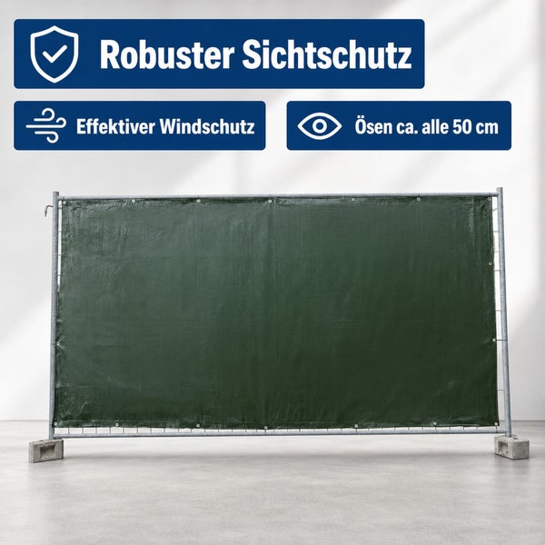 Robuster Bauzaun Sichtschutz mit Windschutz und Ösen alle 50 Zentimeter zur einfachen Befestigung am Bauzaun
