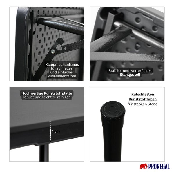 Detailansichten von Klappmechanismus, Stahlgestell, Kunststoffplatte, Kunststofffüßen und Plattenstärke von 4 Zentimetern