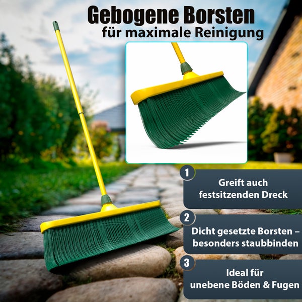 Kehrbesen mit gelbem Stiel und grünen Borsten für den Aussenbereich