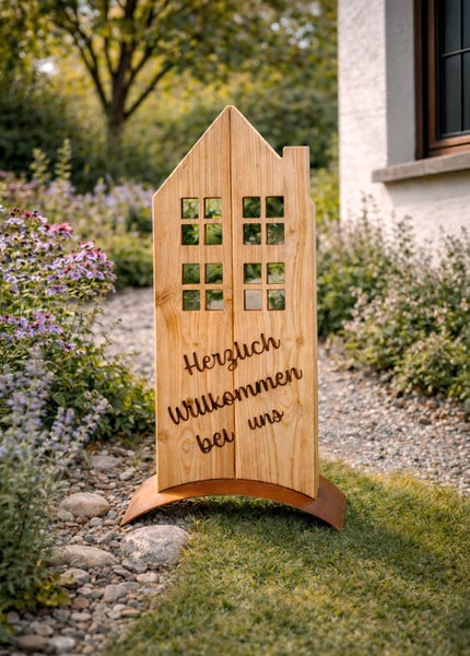 Dekoratives Holzhaus als Willkommensschild für den Garten mit eingraviertem Schriftzug Herzlich Willkommen bei uns und Metallfuß.