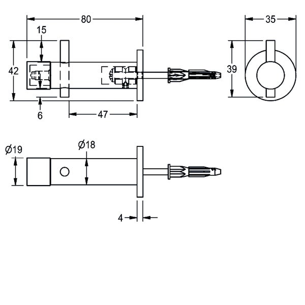 Technische Zeichnung einer Wandhalterung mit Dübel und Maßangaben für Längen, Breiten und Durchmesser.