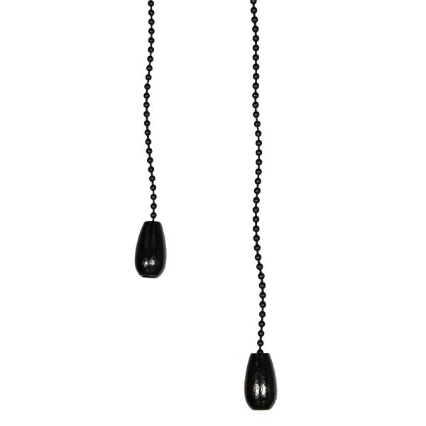 Zwei schwarze Zugketten für Deckenventilatoren oder Leuchten mit tropfenförmigen Griffen.