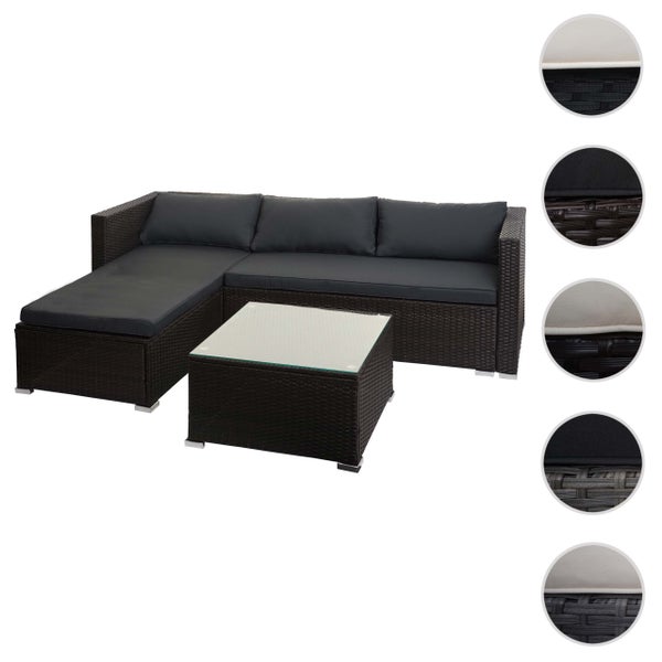 Lounge-Set aus Polyrattan mit Ecksofa, Tisch und Polstern für Garten und Terrasse.