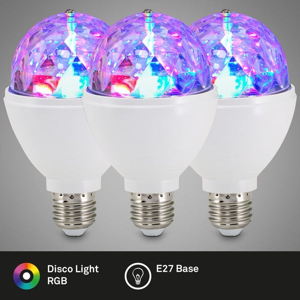 Drei RGB Disco Leuchtmittel mit E27 Sockel und facettiertem Prismenschirm.