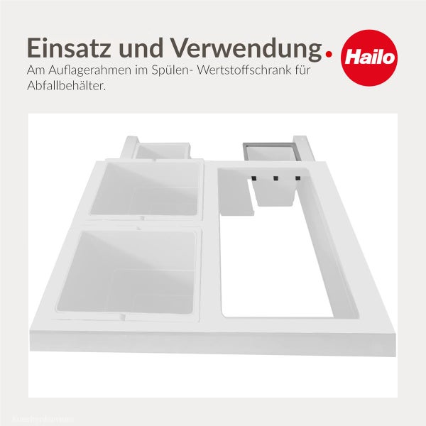 Hailo Logo und ein Auflagerahmen für Abfallbehälter im Spülenunterschrank mit zwei eingesetzten Abfalleimern.