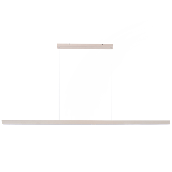 Moderne, flache LED-Pendelleuchte in länglicher Form mit schmalem Baldachin und dünner Seilaufhängung.