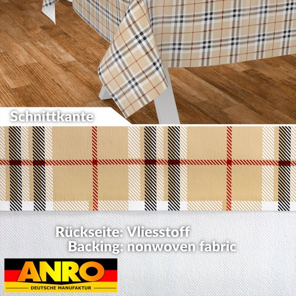 Abwaschbare Tischdecke mit Karomuster, Vliesrückseite und Schnittkante. ANRO Logo.