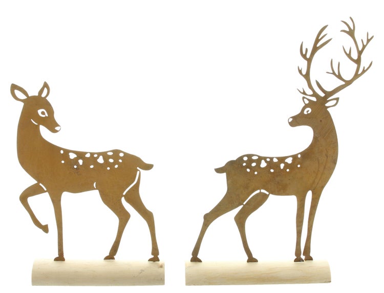 FRANK FLECHTWAREN | Metalldeko Hirsch, 2er Set, METALL, HOLZ, 22 x 6 x 32 cm, 19 x 6 x 25 cm