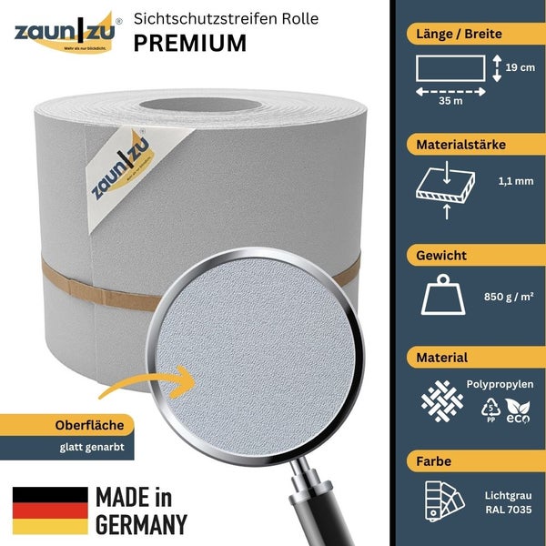 Zaun zu Sichtschutzstreifen Rolle Premium, 35 Meter lang und 19 Zentimeter breit, Materialstärke 1,1 Millimeter, Gewicht 850 Gramm pro Quadratmeter, aus Polypropylen, Oberfläche glatt genarbt, Made in Germany