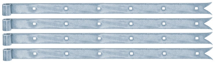Vier verzinkte Ladenbänder mit Rollenhülse und Pfeilende zur Befestigung von Fensterläden oder Türen.