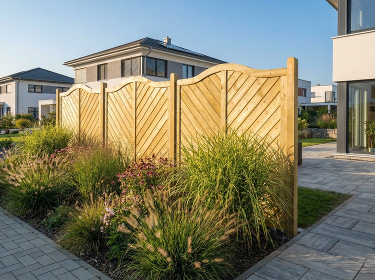 Holzzaun mit schräg verlaufenden Brettern im Garten