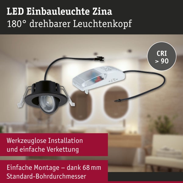 LED Einbauleuchte Zina mit 180 Grad drehbarem Kopf, Anschlussbox für werkzeuglose Montage und hohem Farbwiedergabeindex über 90.
