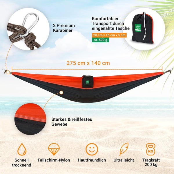 FLOORDIREKT Ultraleichte Hängematte Minca - aus Fallschirm-Nylon - Atmungsaktiv & Reißfest Schwarz