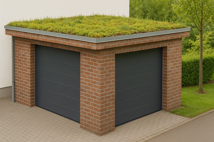 Flachdachgarage aus Klinker mit einer extensiven Dachbegrünung aus Sedum-Pflanzen und dunkelgrauen Garagentoren.
