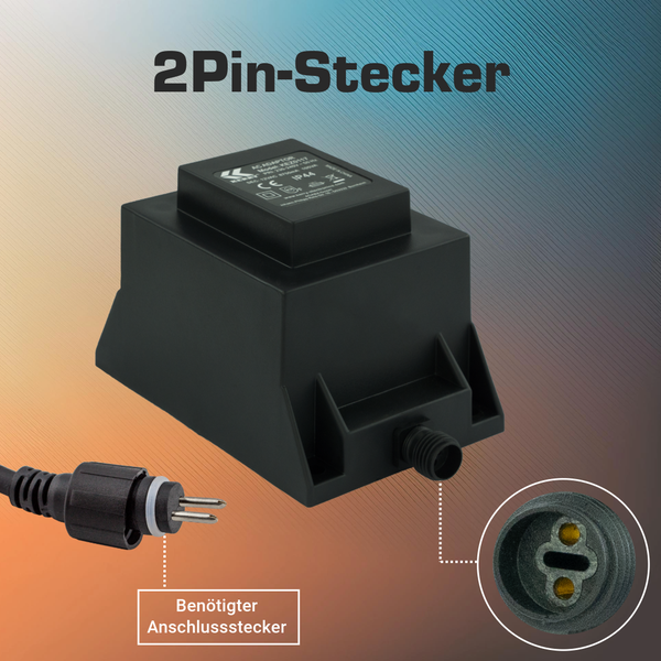 Transformator mit 2-Pin-Stecker Anschluss für Außenbeleuchtung, Schutzart IP44.