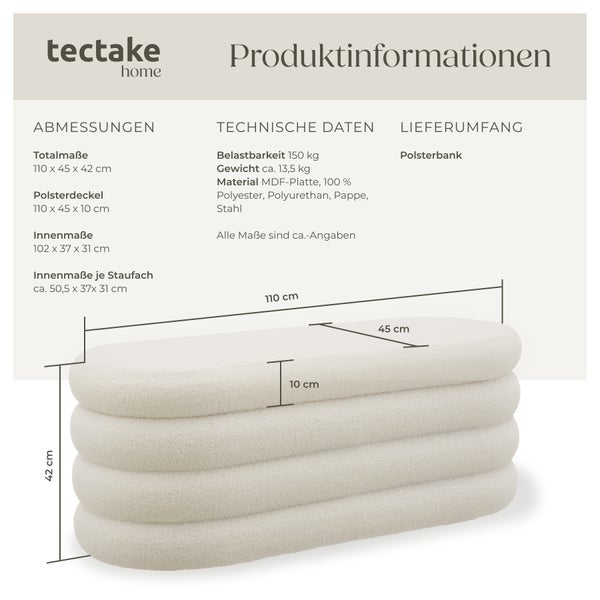 Polsterbank tectake Altu 110 x 45 x 42 cm mit Samt oder Bouclé Bouclé creme-weiß