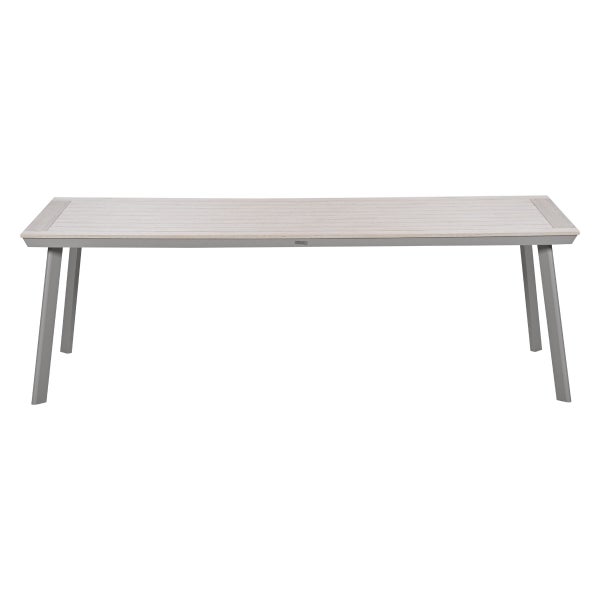 Rechteckiger Gartentisch mit Aluminiumgestell und Tischplatte in Holzoptik, vier ausgestellte Beine.