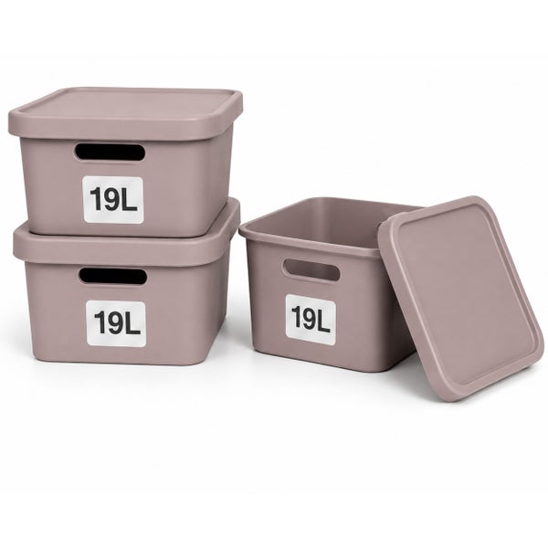 Drei quadratische Aufbewahrungsboxen aus Kunststoff mit Deckel und je 19 Liter Fassungsvermögen für die Organisation im Haushalt