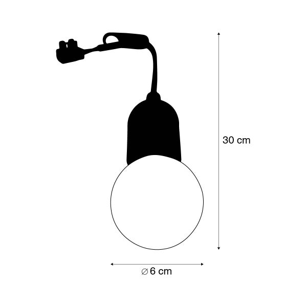 Maßskizze einer kugelförmigen LED-Leuchte mit Zuleitung und Stecker, Gesamthöhe 30 Zentimeter, Durchmesser 6 Zentimeter.